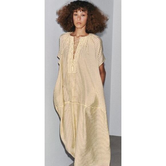 Zara ZW Collection Kaftan Tunic Maxi Dress in Butter Yellow Stripe NWT Sz. S - Picture 1 of 9